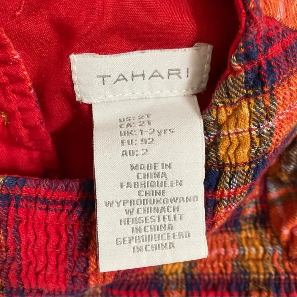 Tahari Plaid Red Yellow Long Sleeve Seersucker Apple Button Dress Toddler 2T
